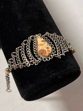 Silver-Tone Filigree Bracelet with Beige Jasper Teardrop. 7.5”. Adjustable